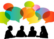 people speaking graphic with colourful speech bubbles above them