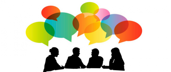 people speaking graphic with colourful speech bubbles above them