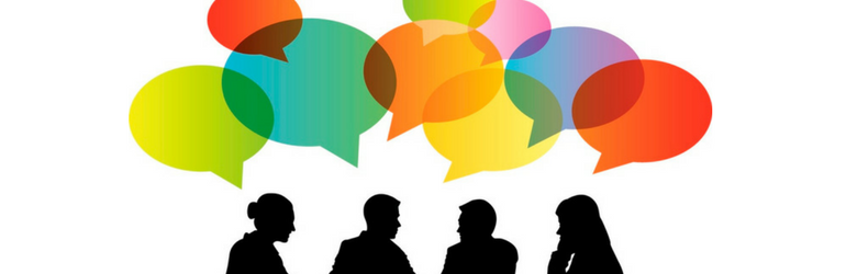 people speaking graphic with colourful speech bubbles above them