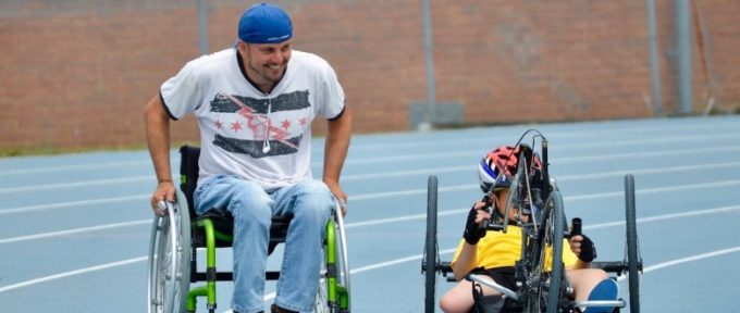 David in his wheelchair completing the course