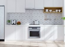 modern fitted kitchen with white cupboard doors