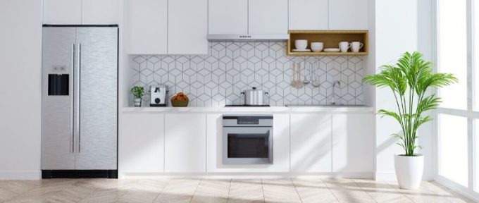 modern fitted kitchen with white cupboard doors