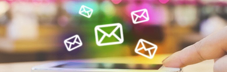 woman pointing at phone with email icons