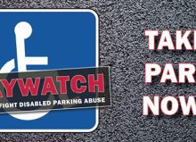 Image of wheelchair symbol with words baywatch - help us fight disabled parking abuse. Take part now!