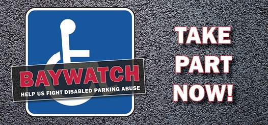 Image of wheelchair symbol with words baywatch - help us fight disabled parking abuse. Take part now!